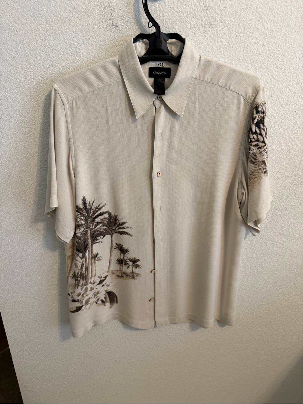 Claiborne Beige Short-Sleeve Button-Down with Palm Print